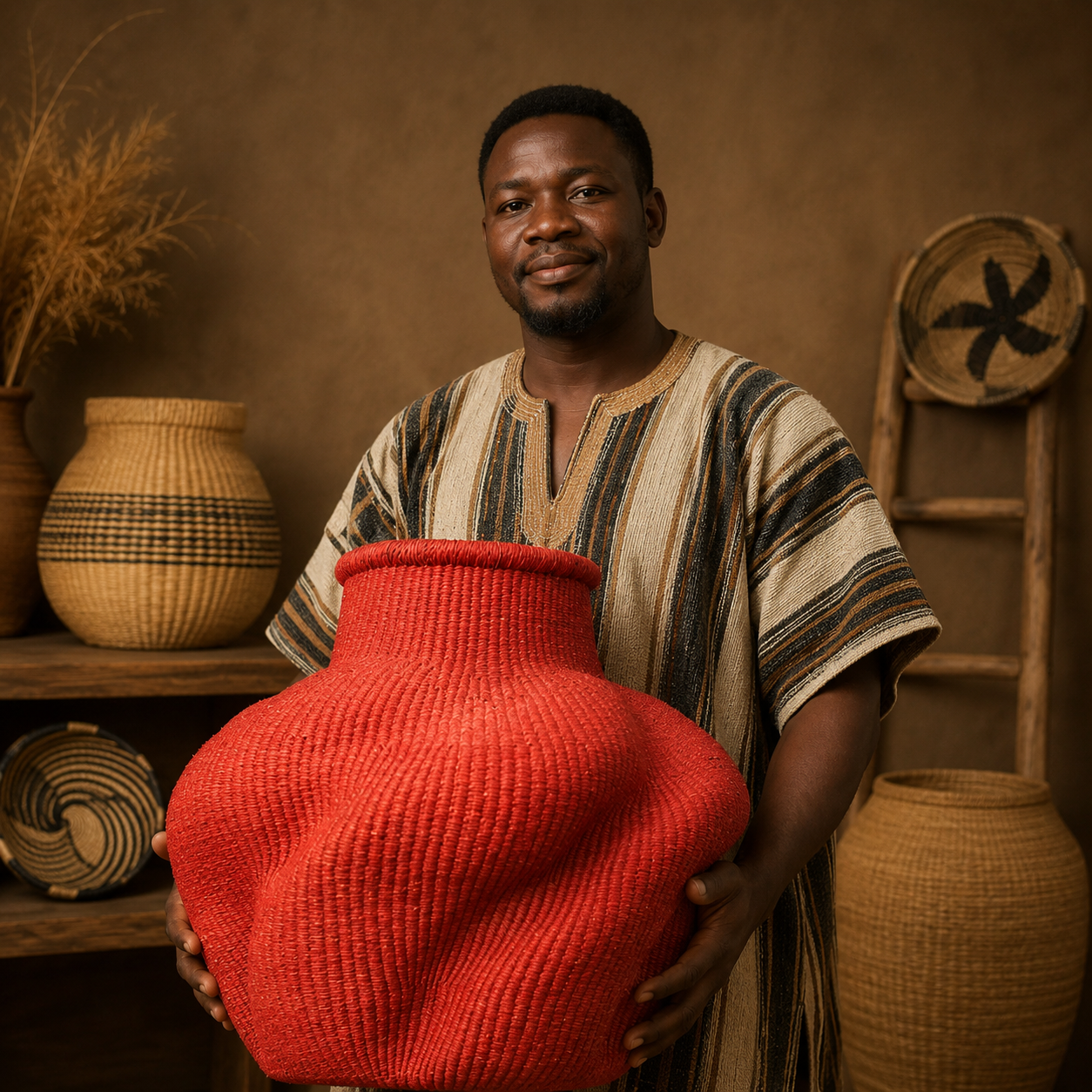 Weaver holding a scarlet handwoven elephant grass vase basket