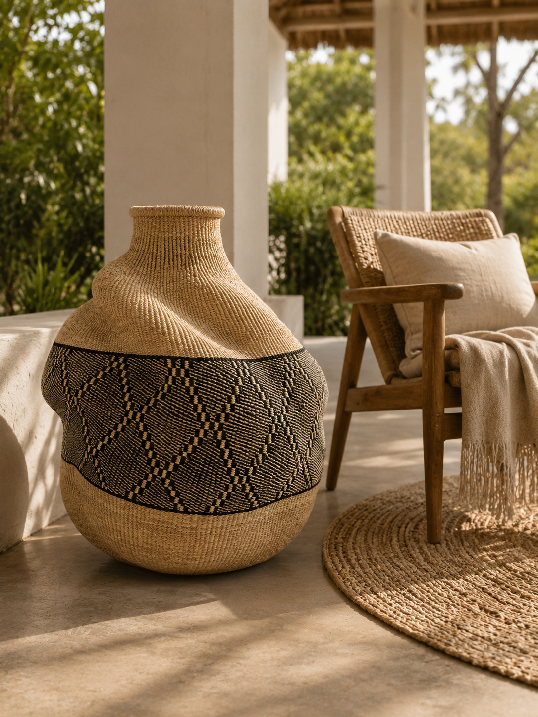 Large black and natural Bolga floor basket styled on a sunlit terrace